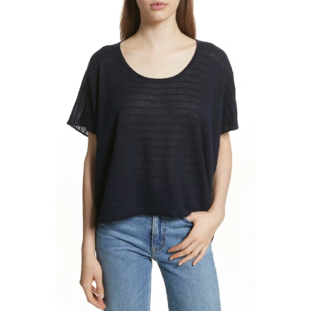 Vince Women's Textured Stripe Wool Cashmere Tee XS Boxy Style Coastal Blue